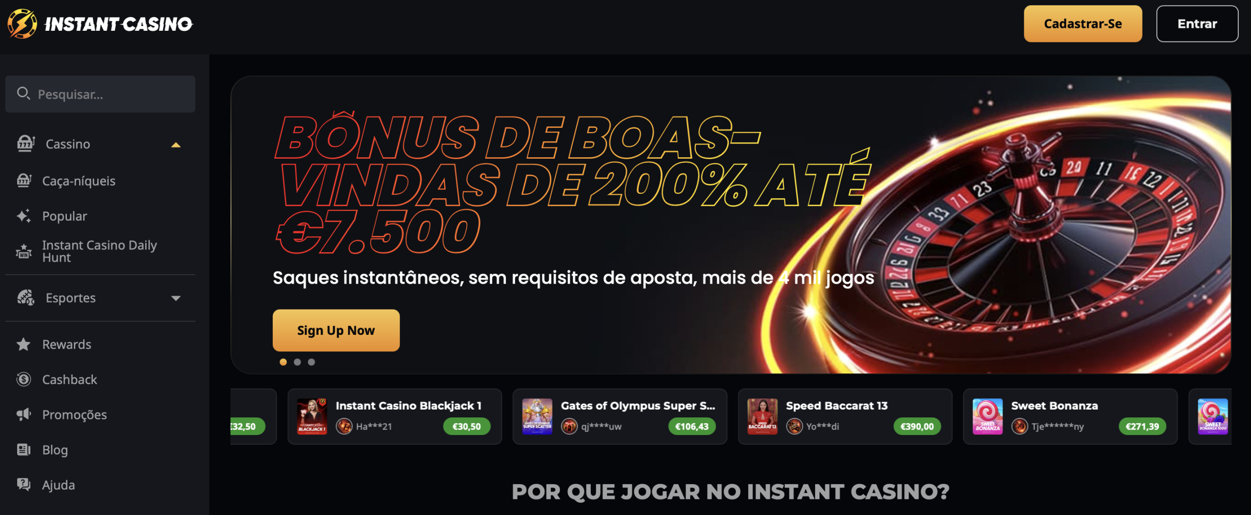 Instant Casino - Bônus Generoso de €1.500 Com Cashback Semanal